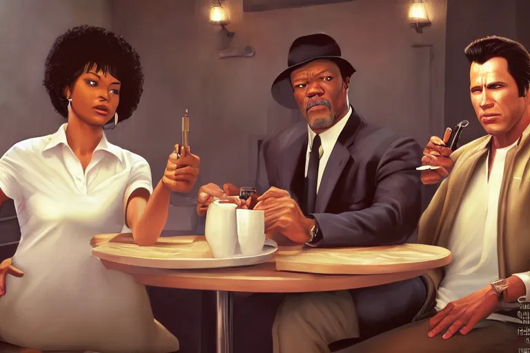 Image similar to painting pulp fiction movie highly detailed full - body samuel l jackson and john travolta posing in cafe, perfect symmetrical eyes, by eddie mendoza and tyler edlin, 8 k resolution, digital art, hyper realistic