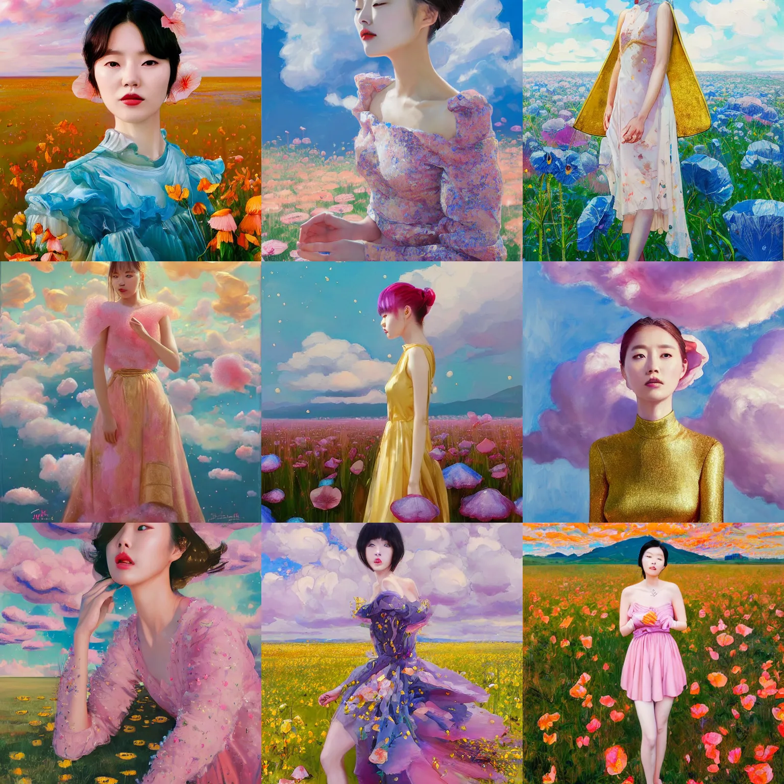 Prompt: lee jin - eun in elegant chic interstellar lush dress emerging from gold gold by martine johanna, michael garmash and katsuhiro otomo, rule of thirds, seductive look, beautiful, cotton candy clouds, puyallup berteronian, himalayan poppy flowers, gorgeous, face anatomy, masterpiece