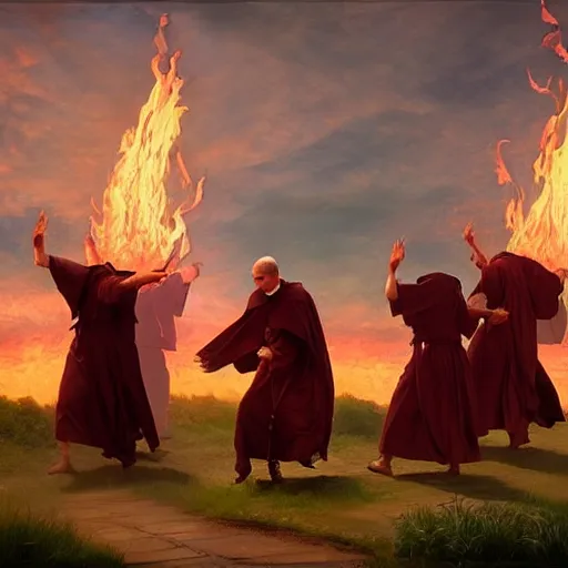 Prompt: medieval monks dancing around fire, pagan ritual, painting by Frederic Edwin Church, octane rendering, warm moody lighting, wide angle lens, in the style of Pixar, fire fills the sky,