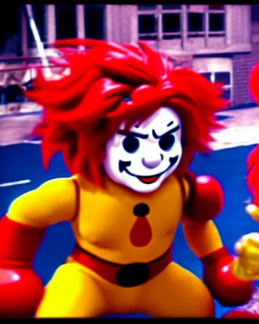 Image similar to wendy's mascot wendy thomas fights ronald mcdonald, movie still, from the movie street fighter, 8 k, realistic