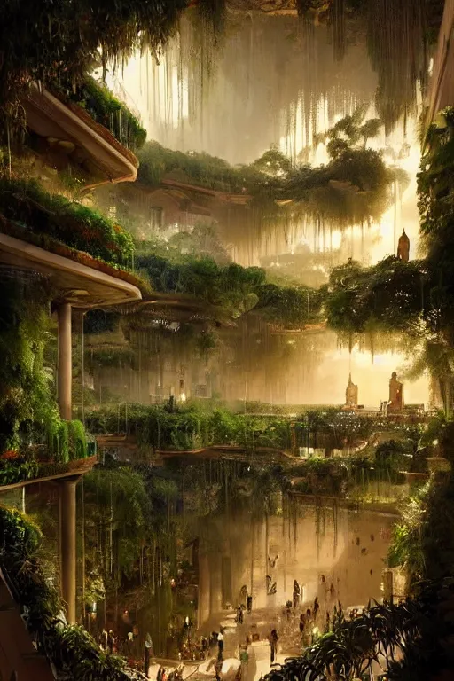 Image similar to magnificent view of the hanging gardens of babylon, intricate, elegant, volumetric lighting, digital painting, highly detailed, artstation, sharp focus, illustration, concept art, ruan jia, steve mccurry