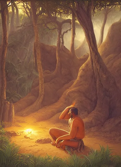 Image similar to an indigenous man sitting and praying in the jungle, while ghosts of his ancestors watch over him, art by christophe vacher