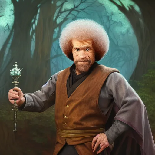 Image similar to a portrait of a Bob Ross as a Arch Mage ,Grim fantasy, D&D, HDR, natural light, shoulder level shot, dynamic pose, award winning photograph, Mucha style 4k,