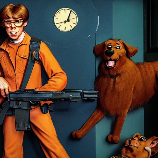 Prompt: Scooby Doo holding a gun, by norman rockwell, trending on artstation, highly detailed, 8k, beautiful, dynamic lighting, realistic fur