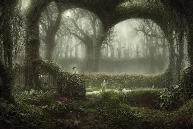 Prompt: secret garden, dark, spooky, dreamlike, in the style of pan's labyrinth movie, low light, hyperrealistic, coherent composition, artstation, matte painting, concept art, edward hughes