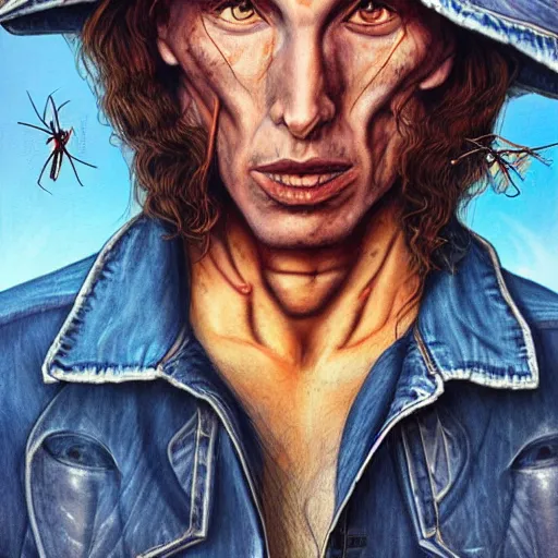 Image similar to ripped physique telekinesis man disguised as a mosquito whilst wearing a denim jacket leonardo da vinci jean sebastien rossbach jeff easley jen bartel staedtler