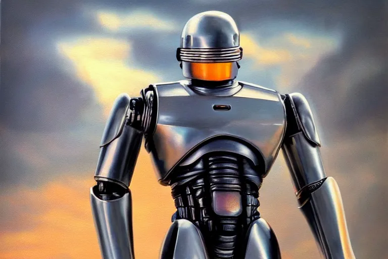 Image similar to robocop, fantasy, painting, ultra realistic!!!, clear weather, golden hour, sharp focus