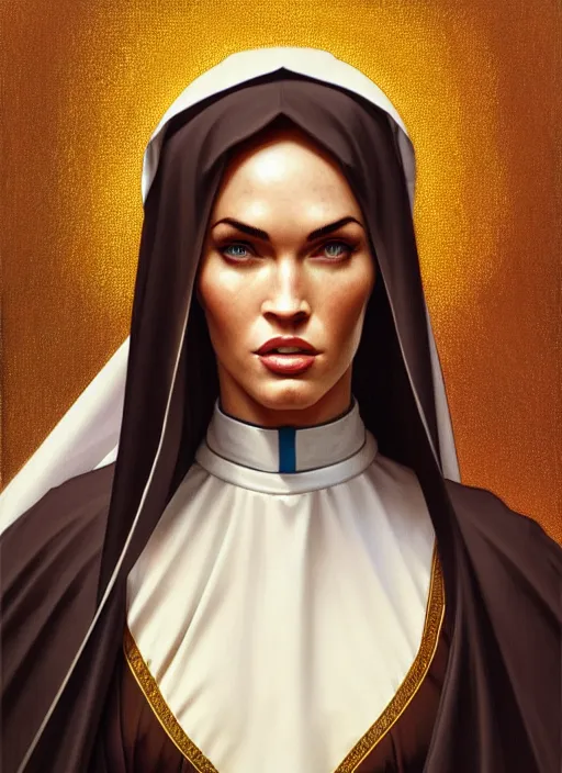 Prompt: portrait of megan fox as a nun, catholic, church, bible, christian, intrigante, headshot, highly detailed, digital painting, artstation, concept art, sharp focus, cinematic lighting, illustration, art by artgerm and greg rutkowski, alphonse mucha, cgsociety