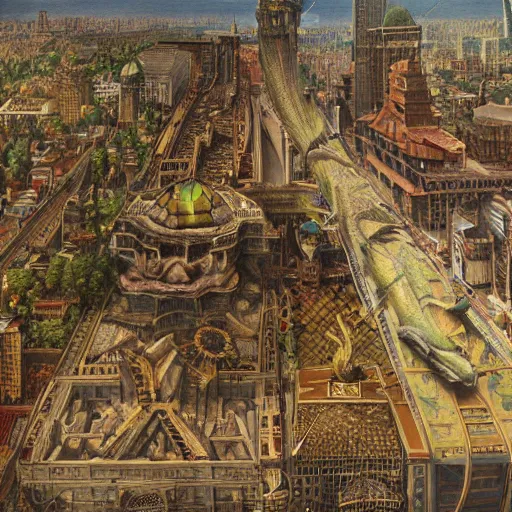 Prompt: reptilian beast walks through the center of a city, extremely detailed oil painting, 1 9 2 0's colored pencil, highly detailed, highly accurate, deep aesthetic, 8 k, highly ornate intricate details, cinematic lighting, rich colors, beautiful scenic view, ray tracing, hyperrealistic, photorealistic, cinematic landscape, trending on artstation, concept art,