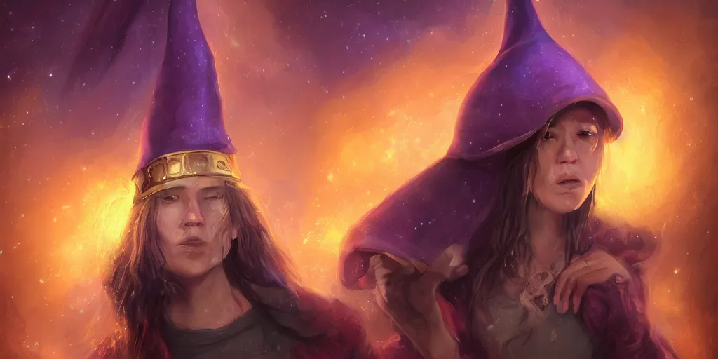 Prompt: female wizard 2 ith detailed closeup hyper realistic face in a starry conical hat casting a soothing purple spell near a crackling campfire at night in the woods, dramatic light, digital painting, artstation style, boris vallejo, beautiful detailed background, haunting athnosphere, danger