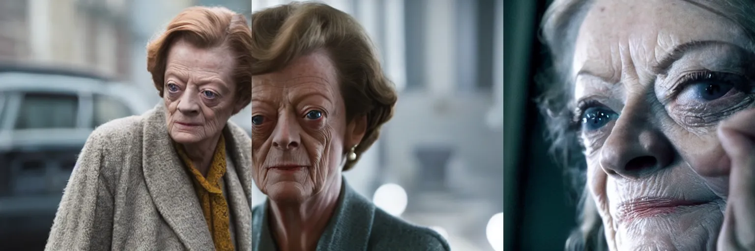 Prompt: close-up of Maggie Smith as a detective in a movie directed by Christopher Nolan, movie still frame, promotional image, imax 70 mm footage