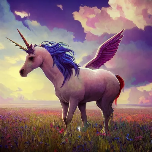 Image similar to a unicorn with wings eating in a field of marijuana, colorful sky, art by artgerm and greg rutkowski and alphonse mucha, concept art, octane render, unreal engine 5, highly detailed, high quality, 8 k, soft lighting, realistic face, path traced