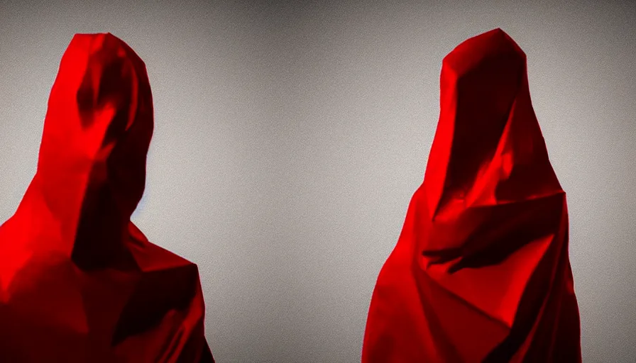 Image similar to enigmatic figure wrapped in red sheet in darkness, high contrast, hard light, digital art, rendering, cloth simulation, redshift