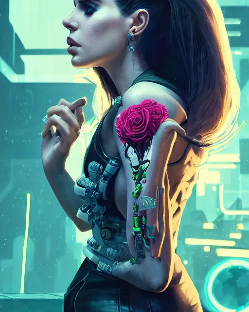 Image similar to portrait of lana del rey as a cyberpunk cyborg. sci - fi intricate abstract upper body intricate artwork, roses, rose petals by tooth wu, wlop, beeple, dan mumford. concept art, octane render, trending on artstation, greg rutkowski, asymmetrical, cinematic arthouse, key art, hyper realism, iridescent accents