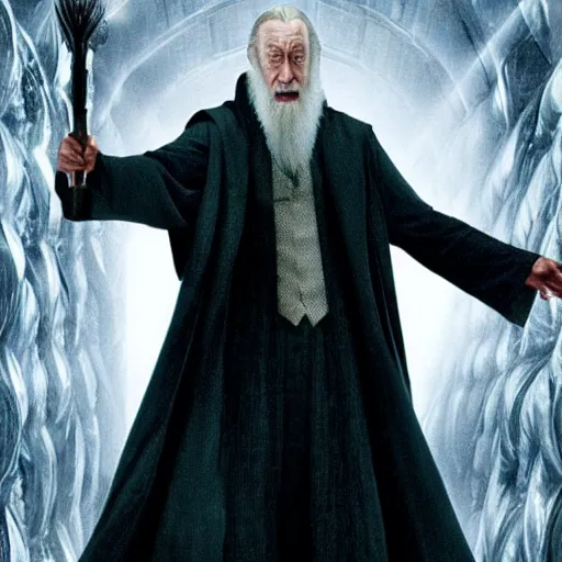 Prompt: Movie still of Albus Dumbledore in Matrix