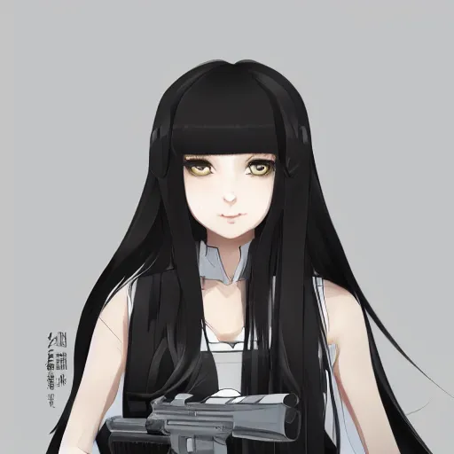 Image similar to upper body portrait of a beautiful girl with long black hair, wearing black riot gear, holding AR-15, drawn by WLOP, by Avetetsuya Studios, attractive character, colored sketch anime manga panel, trending on Artstation