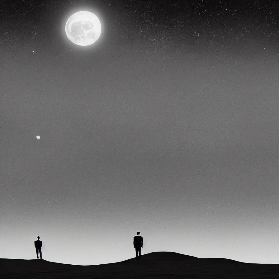 Image similar to a surreal landscape of a powerful man wandering in a vast desert lit by a frightening moon