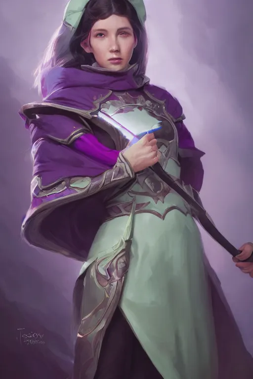 Image similar to portrait of a cute warlock girl with a staff in warlock armor, soft, purple and green, by tom bagshaw and atey ghailan and artgerm and and greg rutkowski, hyper realistic, octane render, trending on artstation