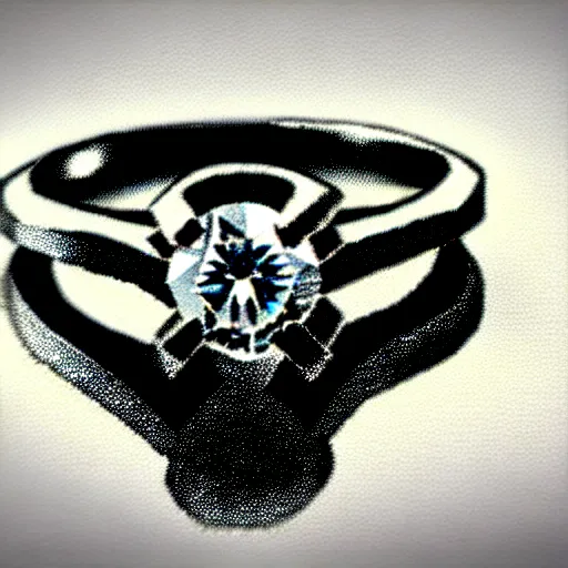 Image similar to graphite sketch of engagement ring with two smaller diamonds outside and one bigger diamond in the middle, realistic, hyper detailed, concept art, victorian, multiple angles