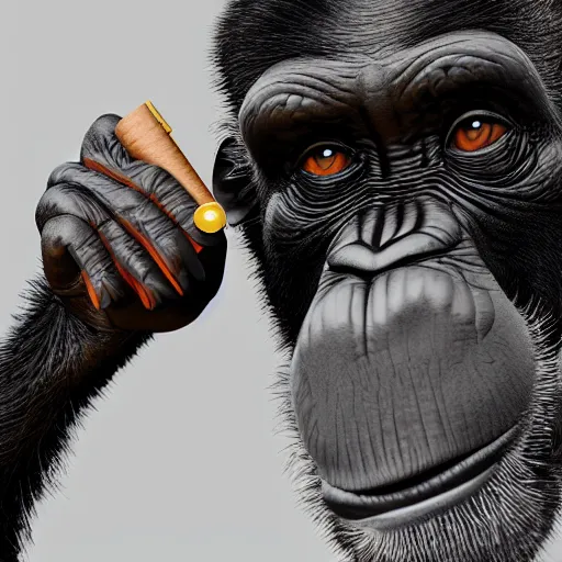 Image similar to a high detail shot of a chimp wearing a suit, smoking a cigar, render, cgsociety, photorealism