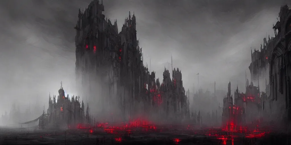 Prompt: grimdark fantasy fortress, terrifying architecture, looming, dark, fog, atmospheric red lighting, flying chaos creatures, dark souls, hyperrealistic, art by sparth