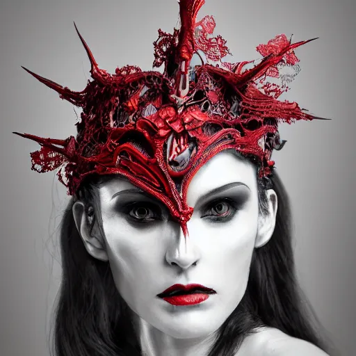 Image similar to a female harkonen model by stefan geselle and nekro borja, photorealistic, biomechanical, red lace, intricate details, hyper realistic, ornate headpiece, photorealistic, canon r 3, photography, wide shot, photography, dark beauty, symmetrical features