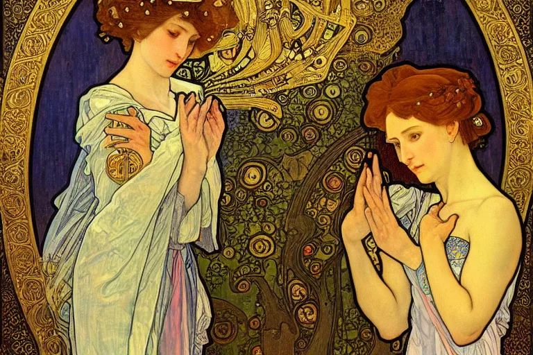 Image similar to the annunciation oil painting cross between the styles of alphonse mucha and gustav klimt gold leaf, intricate detailed,