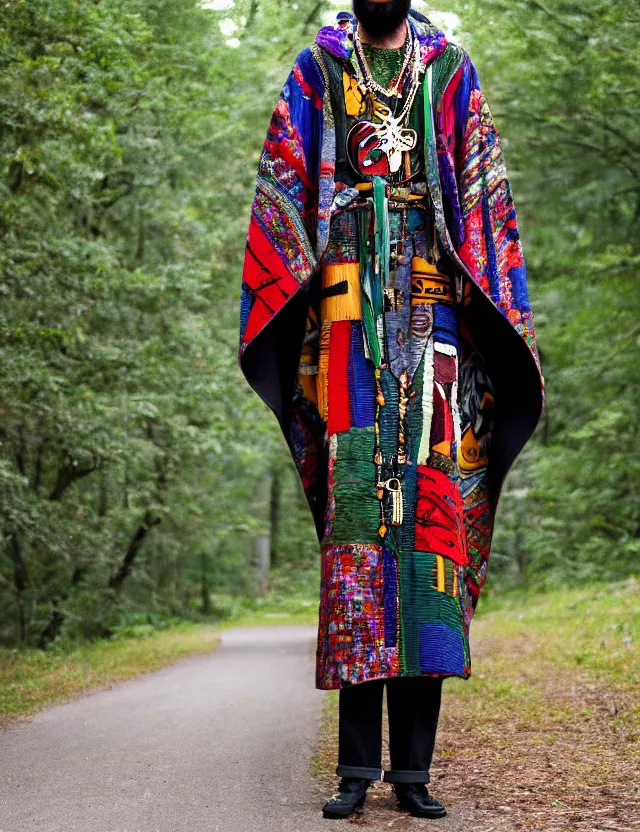 Prompt: longshot full modern detailed colorful cool handsewn textile cloak huge sleeves african american full beard shaved head nature creek river stream stones in the woods marc jacobs gucci robes chains necklace