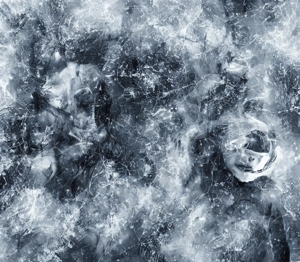 Prompt: as the world turned into a ball of ice, there was one person left who completely transformed herself into a machine, immune to the freezing temperatures no human could realistically survive. she roamed the last artifacts that weren't fully masked by the snow; abstract digital art, 4k, dense composition