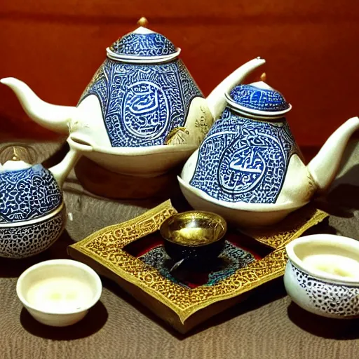 Image similar to Arabic calligraphy, Moroccan tea set, by pollock