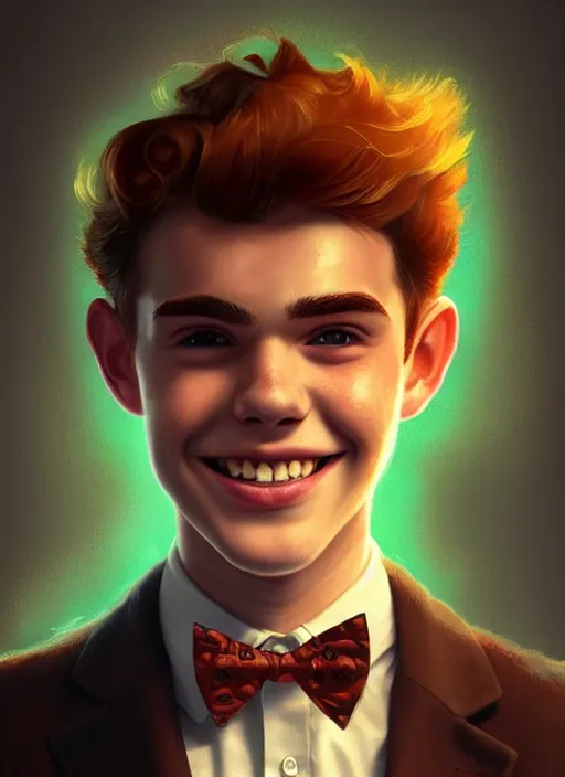 Prompt: portrait of teenage archie andrews, freckles, curly middle part haircut, curly hair, smiling kindly, wearing a bowtie, intricate, elegant, glowing lights, highly detailed, digital painting, artstation, concept art, smooth, sharp focus, illustration, art by wlop, mars ravelo and greg rutkowski
