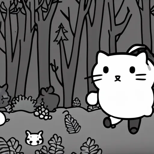 Prompt: tubbs from neko atsume walking through the forest, woodland creatures in the background, b & w, 4 k,