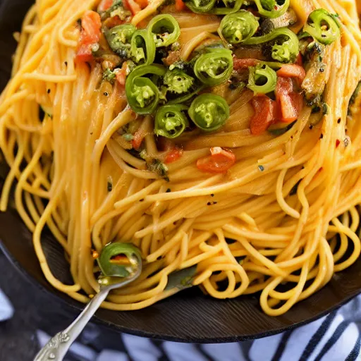 Image similar to super cheesy spaghetti topped with jalapenos, 4 k closeup