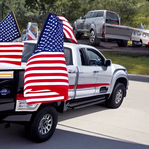 Image similar to photo of trumo pickup trucks with american flags battling biden pickup trucks with american flags. guns can be seen. there is a large battle.