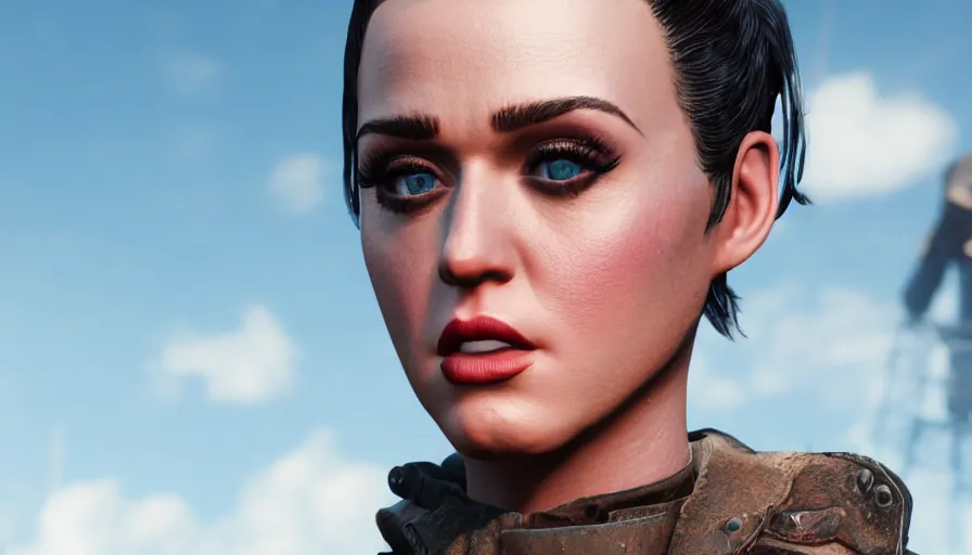 Image similar to closeup fallout 4 character screenshot of katy perry, enb, ambient occlusion, subsurface scattering, solo portrait, 4 k, bokeh, beautiful, detailed