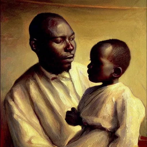 Prompt: a painting of a elegant, well fed, smooth-chinned, elder with few eyebrows and his son from Kenya by Henry Ossawa Tanner . thinker without facial hair, thoughtful, focused, visionary, calm, jovial, loving, fatherly, generous, . dramatic angle, ethereal lights, details, smooth, sharp focus, illustration, realistic, cinematic, artstation, award winning, rgb , unreal engine, octane render, cinematic light, macro, depth of field, blur, red light and clouds from the back, highly detailed epic cinematic concept art CG render made in Maya, Blender and Photoshop, octane render, excellent composition, dynamic dramatic cinematic lighting, aesthetic, very inspirational, arthouse.