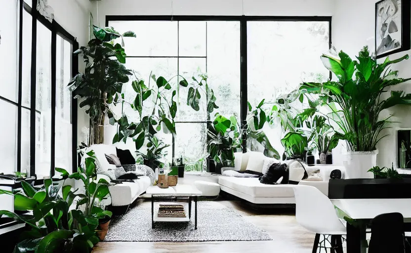 Image similar to interior of a bohemian living room, black and white, green potted plants, couch, diner table, cupboards, modernist, minimalism, big windows with a view of lush trees, feng shui, 8 k