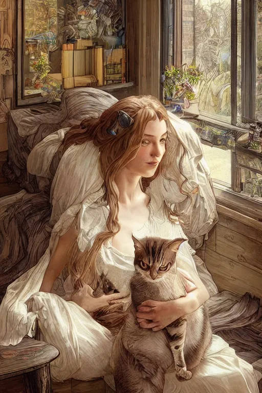 Prompt: cottagecore appartment with 100 cats playing inside, beautiful Hair, studio gibly, intricate, elegant, highly detailed, digital painting, artstation, concept art, smooth, sharp, focus, illustration, art by artgerm and greg rutkowski and alphonse mucha