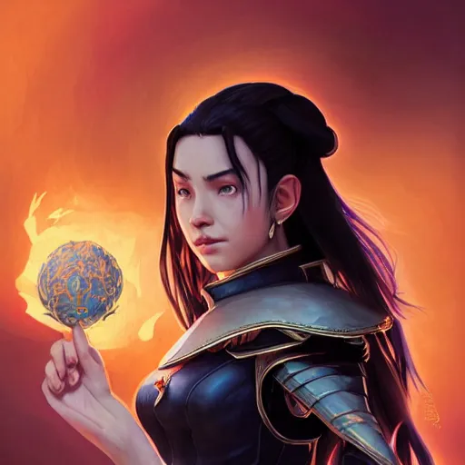 Image similar to Portrait of teenage sorceress Azula wearing skintight black leather armor, Avatar the Last Airbender, Dungeons and Dragons, Lord of the Rings, intricate, elegant, highly detailed, digital painting, artstation, concept art, smooth, sharp focus, illustration, art by artgerm and greg rutkowski and alphonse mucha and andrei riabovitchev