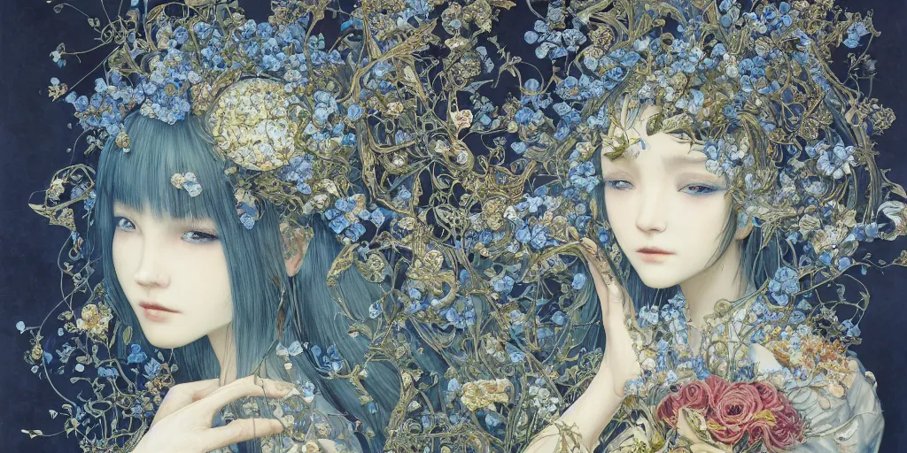 Image similar to breathtaking detailed concept art painting of the goddesses of nemophila flowers, orthodox saint, with anxious, piercing eyes, ornate background, amalgamation of leaves and flowers, by Hsiao-Ron Cheng, James jean, Miho Hirano, Hayao Miyazaki, extremely moody lighting, Black paper, cut paper texture, Full of light-blue and silver and white layers, 8K