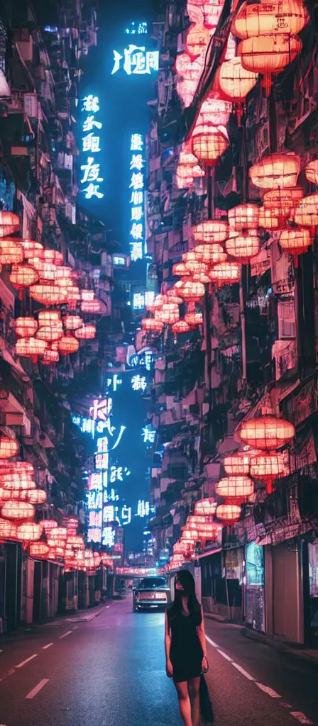 Image similar to a beautiful chinese young girl standing in the middle of a road on a night Hong Kong china town, blue color grading, cinematic color grading , unreal 5, hyperrealistic, realistic, photorealistic, dynamic lighting, highly detailed, cinematic landscape, studio landscape, studio lighting