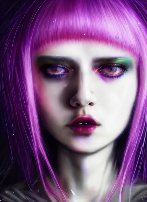 Image similar to hair whitebangs hair, black cyberlox, portrait of teenage girl with white bangs, whitebangsblackhair, messy bangs, cyberlox, whitebangs, red irises, purple clothes, intricate, elegant, glowing lights, highly detailed, digital painting, artstation, concept art, sharp focus, illustration, art by wlop, mars ravelo and greg rutkowski