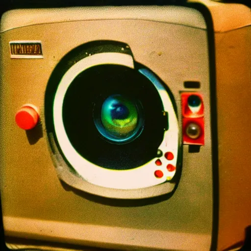 Image similar to an old tv with an eye peeking out of a know hole, old polaroid, expired film, surreal, creepy,