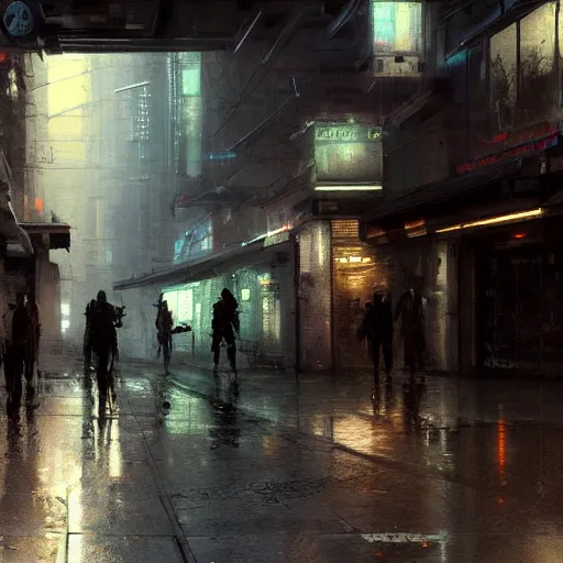 Image similar to doorway, empty sidewalk of a cyberpunk megacity, dramatic lighting, detailed background, gorgeous view, realistic, high detail, depth of field, lightrays, atmospheric, digital art, painted by jeremy mann, trending on artstation