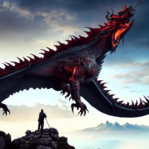 Image similar to giant dragon standing on a mountain, highly detailed, 4 k, hdr, award - winning, directed by zack snyder