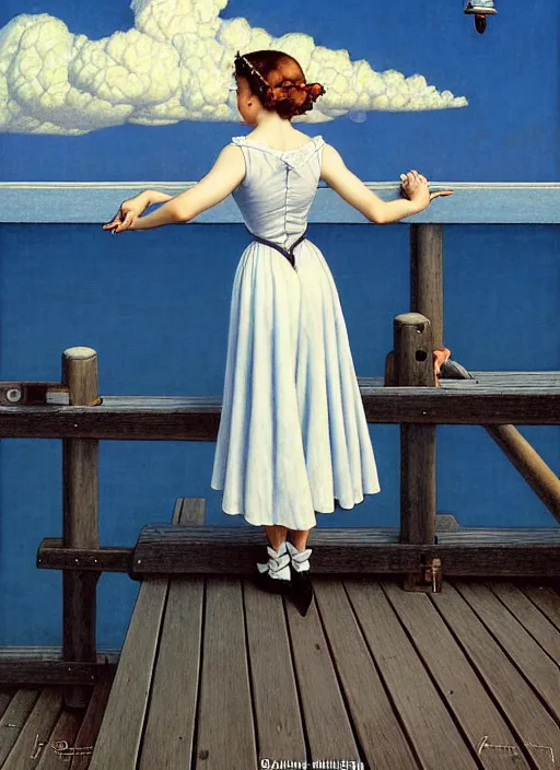 Image similar to a fancy beautiful young lady standing on a wharf at the edge of the sea by rob gonsalves and brom and gil elvgren and george petty and hilo chen and norman rockwell, crisp details, hyperrealism, high detail, high contrast, low light, grey mist, cobblestones, dim lantern