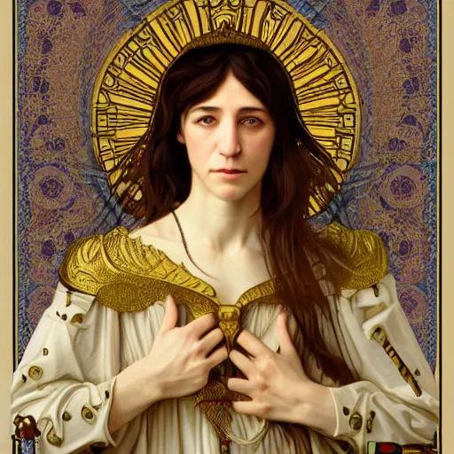 Image similar to portrait of charlotte gainsbourg as joan of arc, hyperreal digital painting, iconography influenced by alphonse mucha and eugene delacroix, arstation and deviantart trends, high resolution 8 k