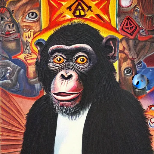 Image similar to portre of an autistic demonic chimpanzee on acid, masonic and kabalistic symbols in background, oil painting