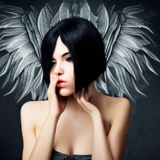 Prompt: portrait of beautiful black haired female angel, shameful, sad, dark