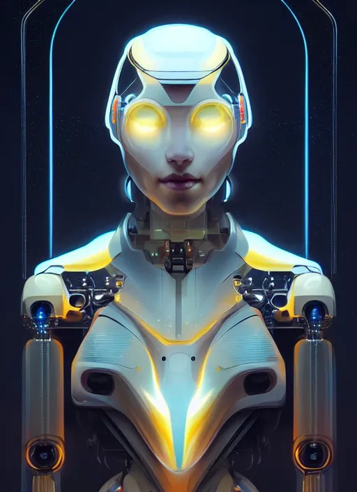 Image similar to symmetry!! portrait of robotic humanoid animal, tech wear, scifi, glowing lights!! intricate elegant, highly detailed, digital painting, artstation, concept art, smooth, sharp focus, illustration, art by artgerm and greg rutkowski and alphonse mucha